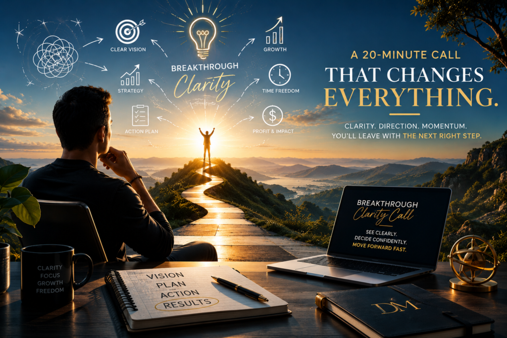 Business owner gaining clarity and strategic direction during a Breakthrough Clarity Call with Dr. Vic Manzo to identify growth opportunities, overcome challenges, and create a clear action plan.