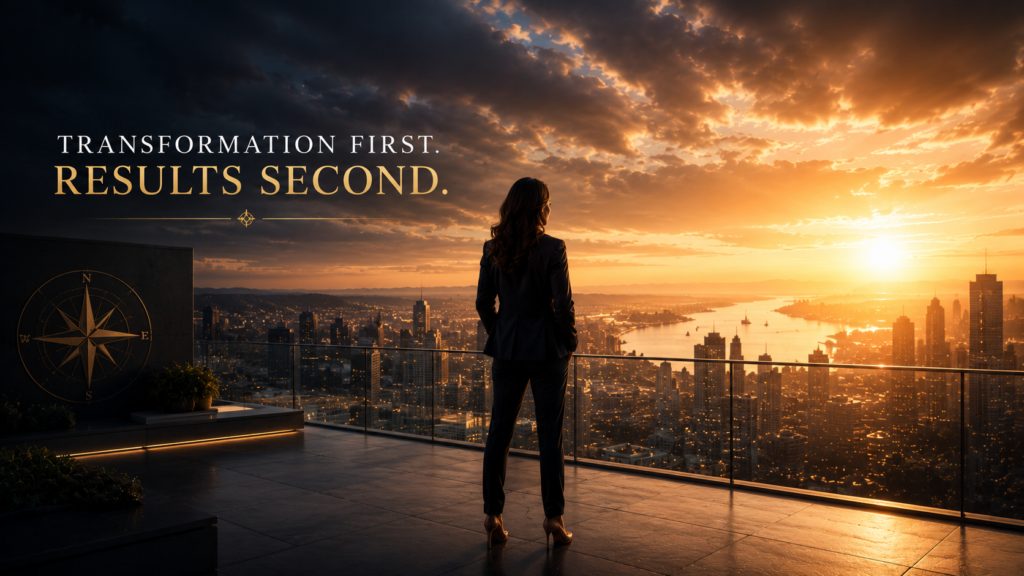 Female entrepreneur standing on a rooftop overlooking a city skyline at sunrise, symbolizing personal transformation, leadership growth, business clarity, and sustainable success through business coaching.