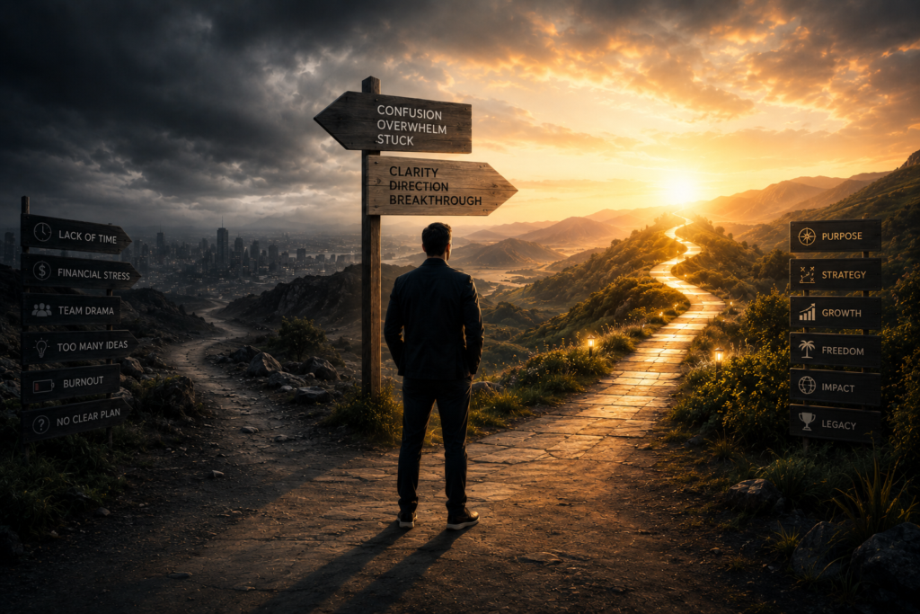 Business owner standing at a crossroads choosing a path from confusion, overwhelm, and burnout toward clarity, strategy, growth, freedom, and lasting business success.