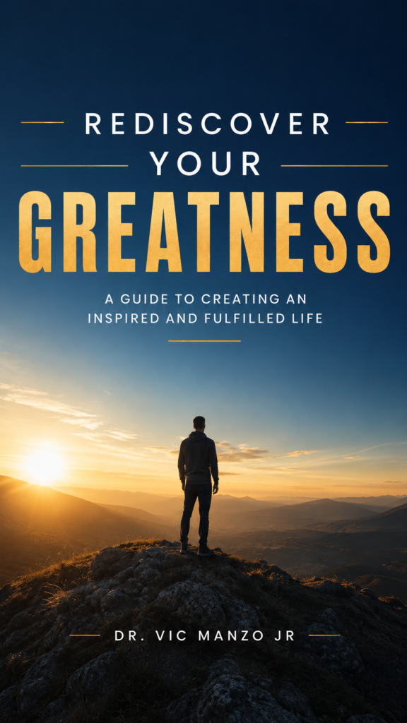 Book cover for Rediscover Your Greatness by Dr. Vic Manzo Jr featuring a person walking toward the horizon beneath a star-filled sky, symbolizing personal growth, purpose, and transformation.