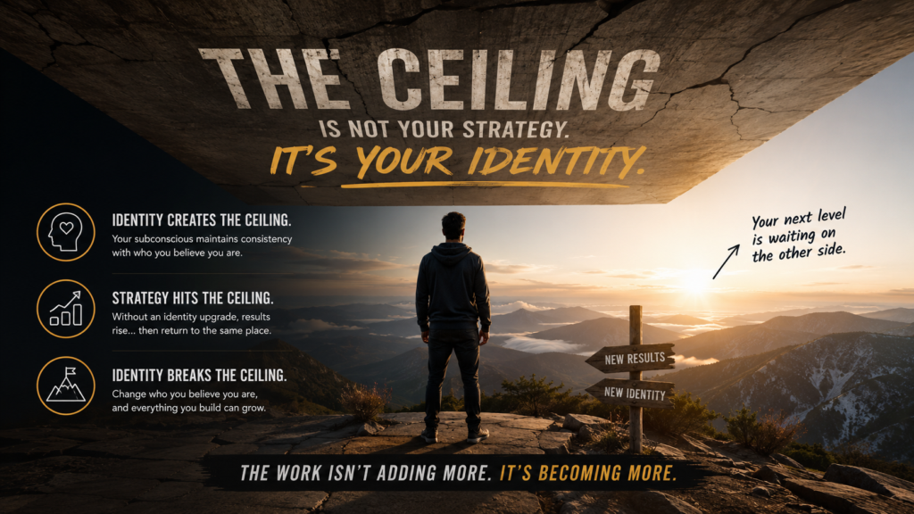 Entrepreneur facing a wall representing a business ceiling with Dr. Vic Manzo coaching framework